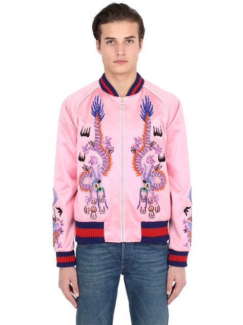 gucci pink embroidered silk bomber jacket with 3 headed dragon|GG embroidered silk bomber jacket in pink .